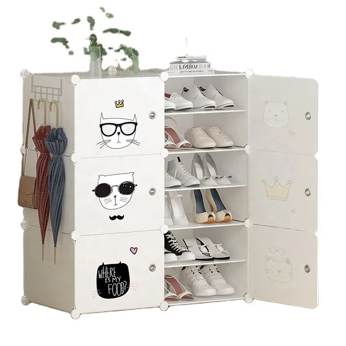 Modern Shoe Storage Cabinet Designs with Stickers White Color Stackable Box 6 Layers Plastic Shoe Rack