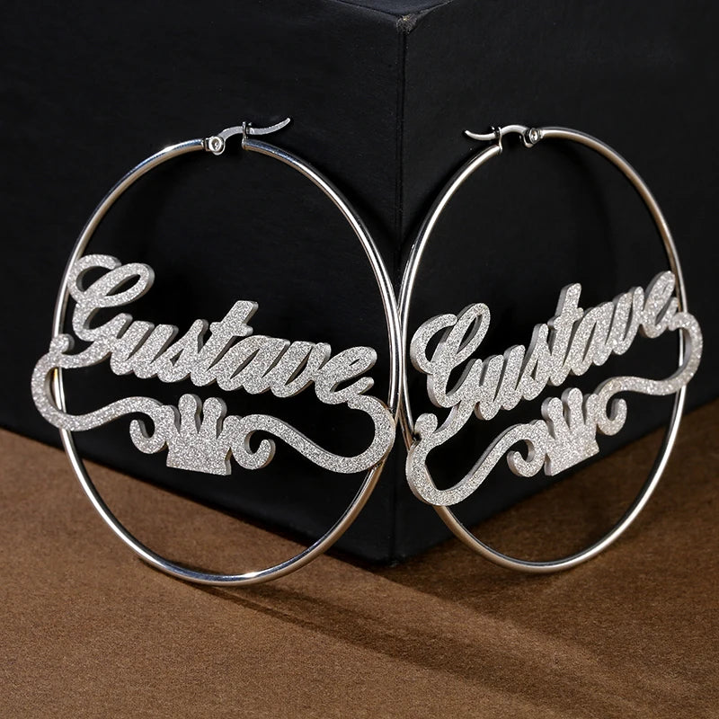 Customized Shiny Name Geometric Hoop Stainless Steel 18K Gold Plated Crown Accessories Fashion Retro Women's Jewelry Mother's