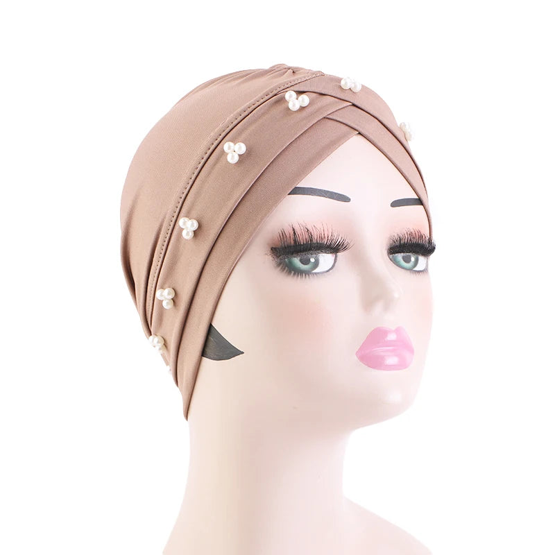 Wholesale Custom Logo Hair Accessories Muslim Beanie Turbans With Pearls Hijab Solid Color Polyester Spandex Turban for Women
