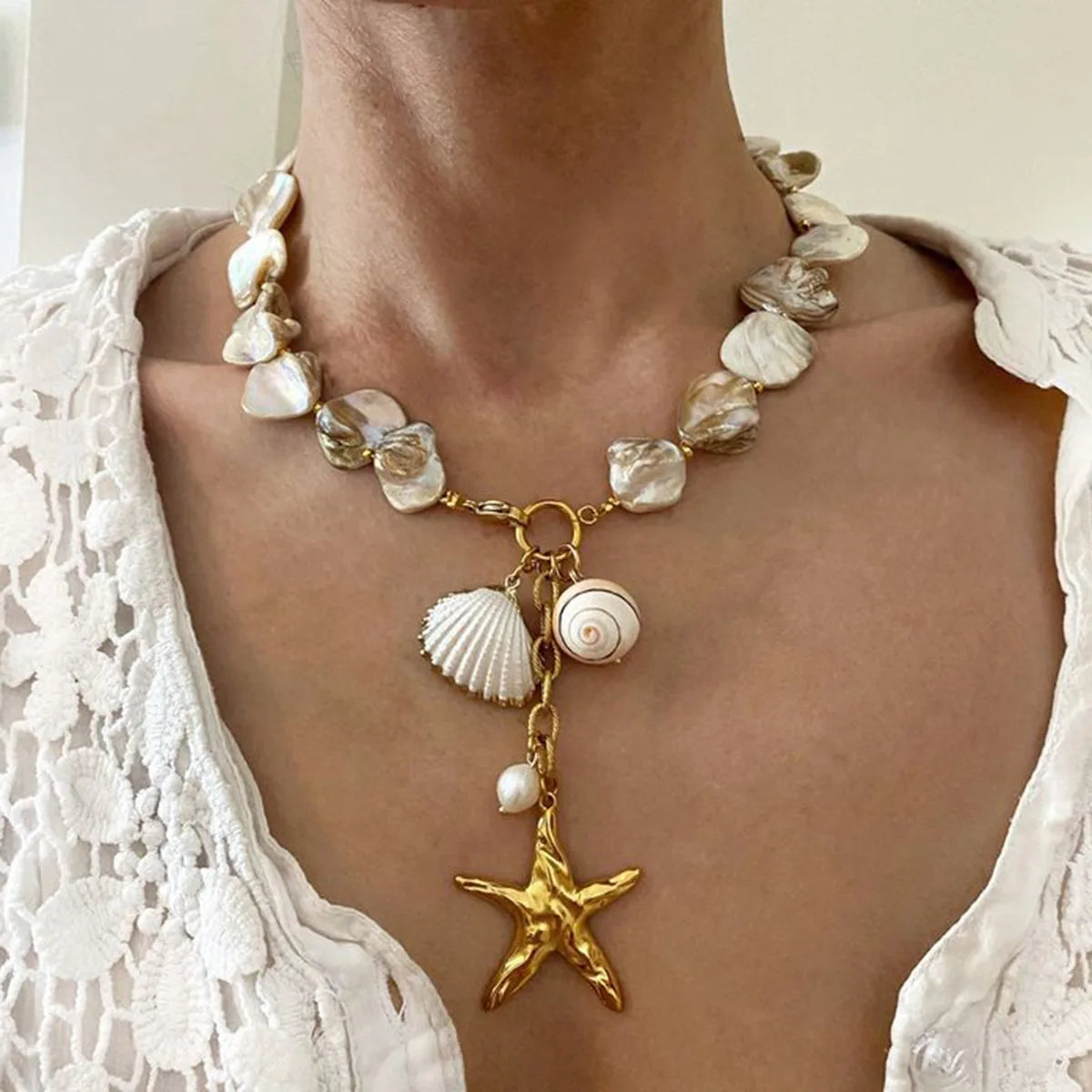 YF3832 Stainless Steel Summer Beach Waterproof Jewelry 18k Gold Plated Whole String Shell Chain Pearl Starfish Pendant Necklace