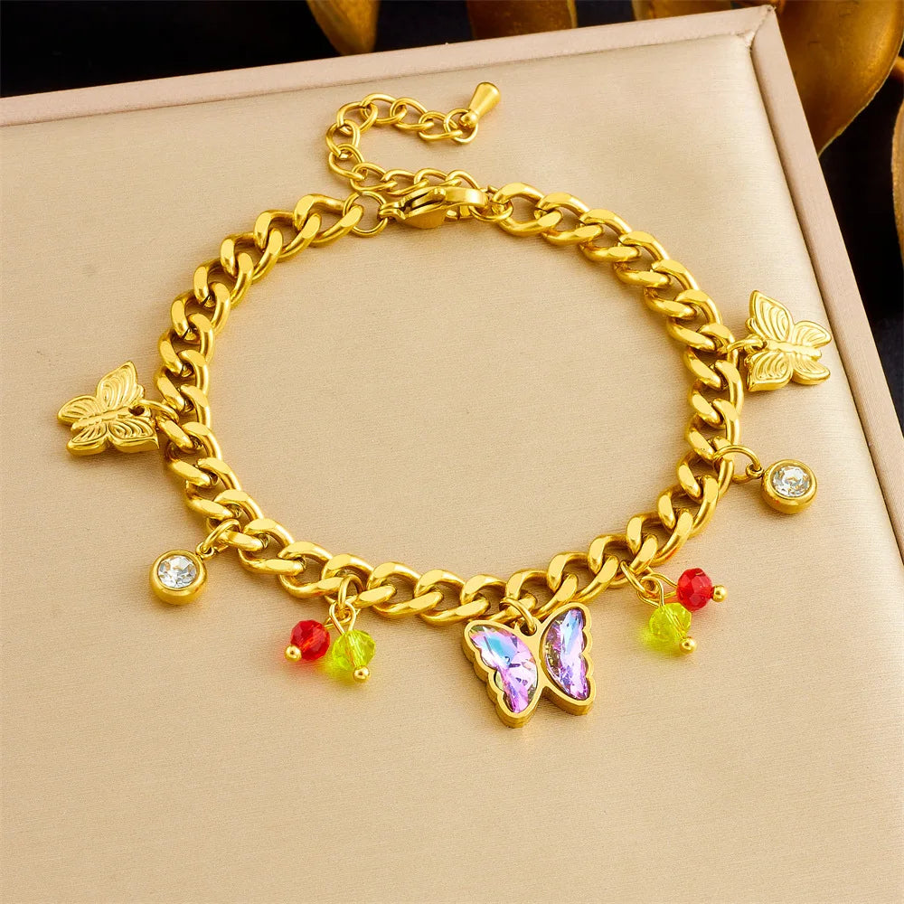 New Summer Stainless Steel Butterfly Charm Bracelet Non Tarnish 18k Pvd Gold Plated Round Beads Charm Bracelet