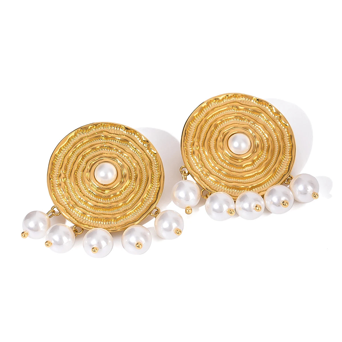 J&D 18k Gold Stainless Steel Faux Pearl Round Textured Design Earrings Inspired by Classic Elegance