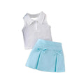 Girls Fashion Clothes Sets Sleeveless Turn-down Collar Solid Ribbed Tank Top With Pleated Skirt