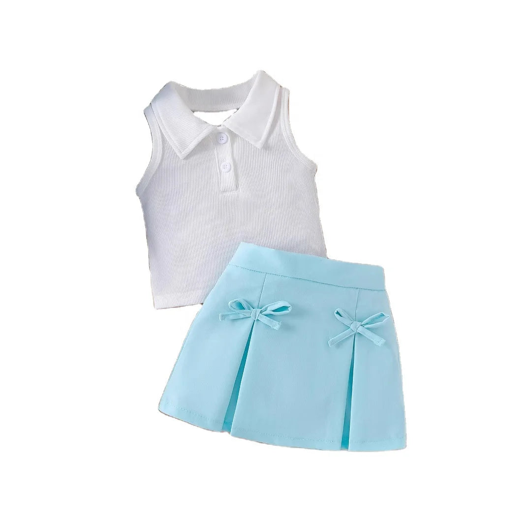 Girls Fashion Clothes Sets Sleeveless Turn-down Collar Solid Ribbed Tank Top With Pleated Skirt