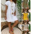 Summer Casual Dresses Loose Solid Color Short-sleeve V-neck Sequined Beading Lace Sashes Cotton and Linen Dress