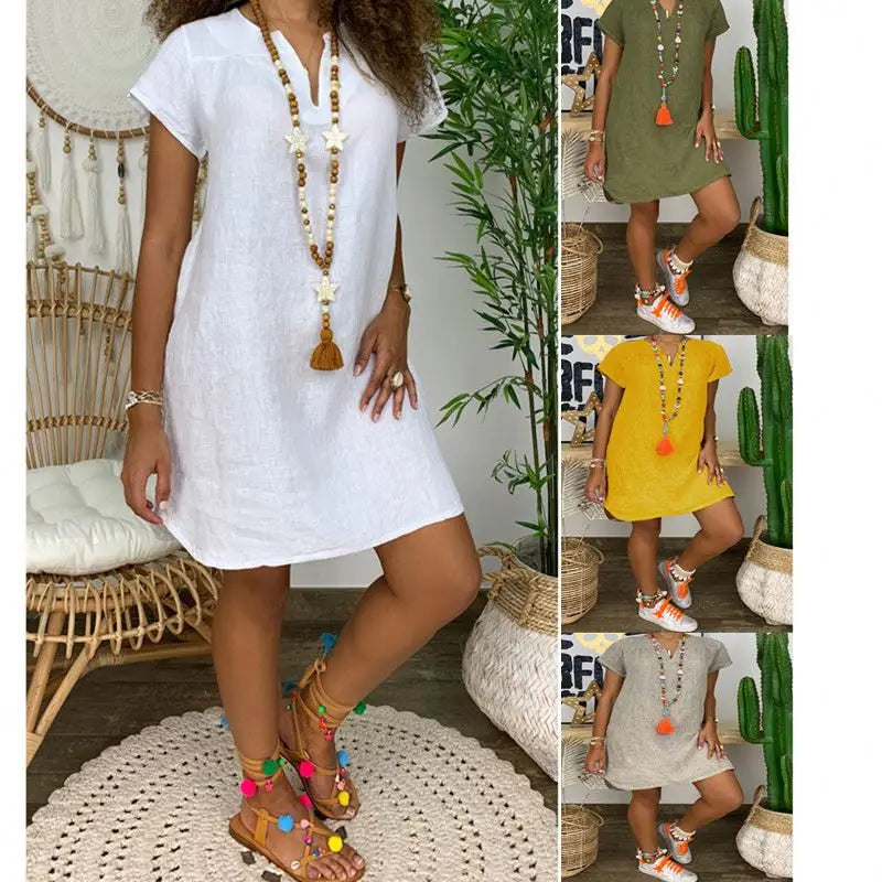 Summer Casual Dresses Loose Solid Color Short-sleeve V-neck Sequined Beading Lace Sashes Cotton and Linen Dress