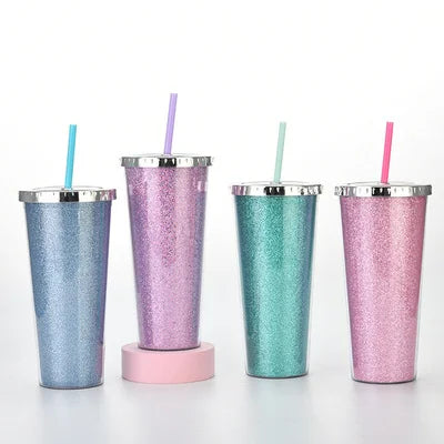 Custom 24oz Double Wall Acrylic plastic water bottle Black Plastic Bulk glitter skinny Tumbler Cups with lid and straw tea cups