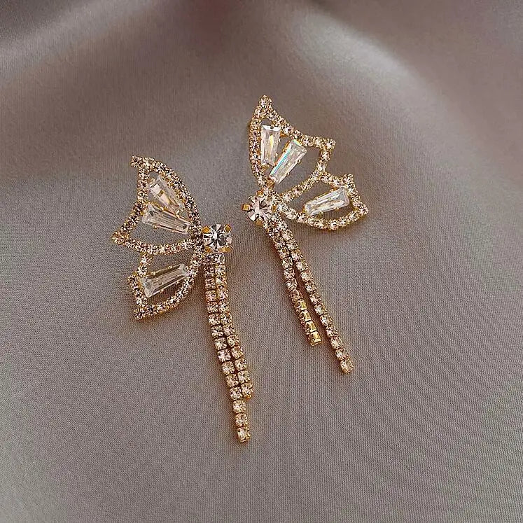 Luxury Shiny Rhinestone Butterfly Dangle Earrings 925 Silver Needle Rhinestone Earrings Vintage Butterfly Tassel Drop Earrings