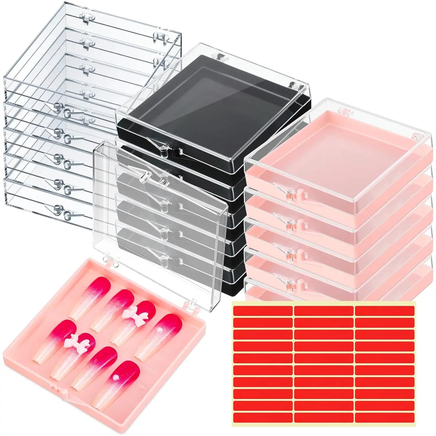 15pcs Clear Black Pink Acrylic Press Nail Boxes Nail Display Case with Adhesive Tape Artificial Press Packaging Container
