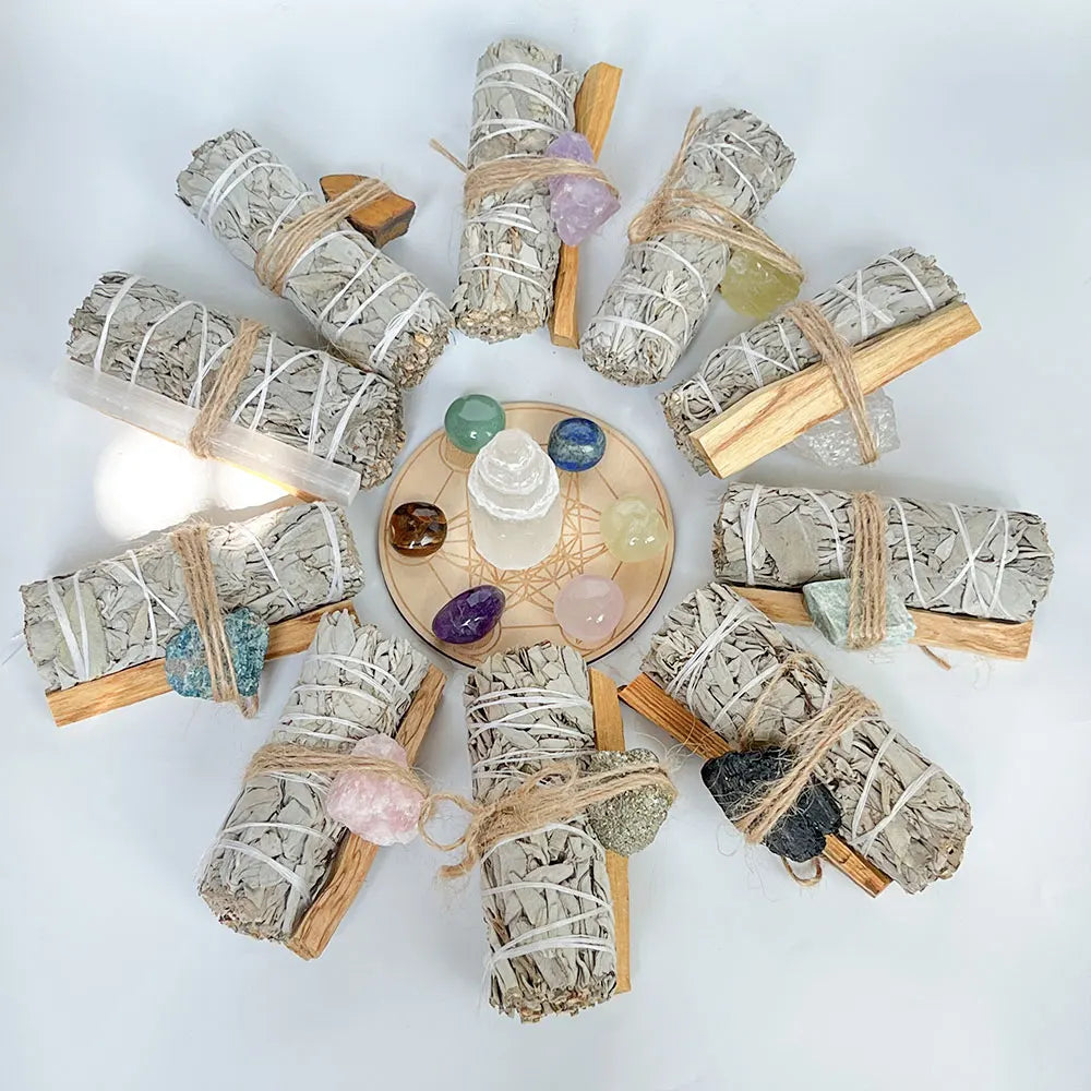 Handcrafted 4 Inch White Sage Smudge Sticks Bundles Crystal Palo Santo Healing Tourmaline Pyrite Stone Home Cleansing Aromatic