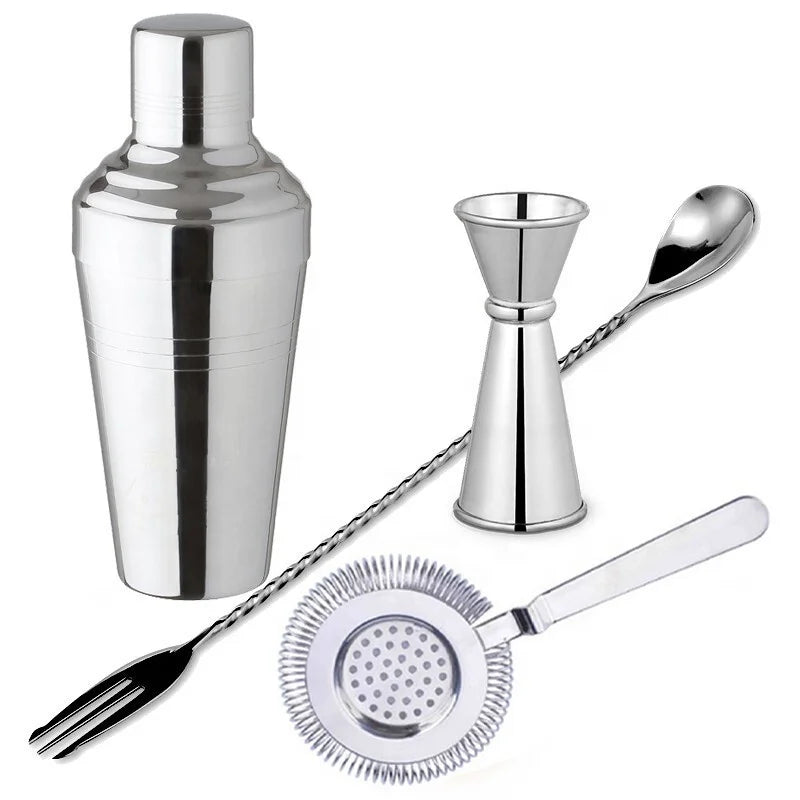 Sustainable Eco-Friendly 4-Piece Stainless Steel Bar Set Essential Cocktail Kit Shaker Jigger Strainer Professional Bartender