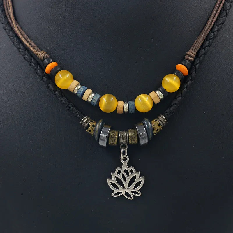 Ethnic Style Jewelry Multi Layered Leather Rope Opal Beads Alloy Lotus Pendant Necklaces f