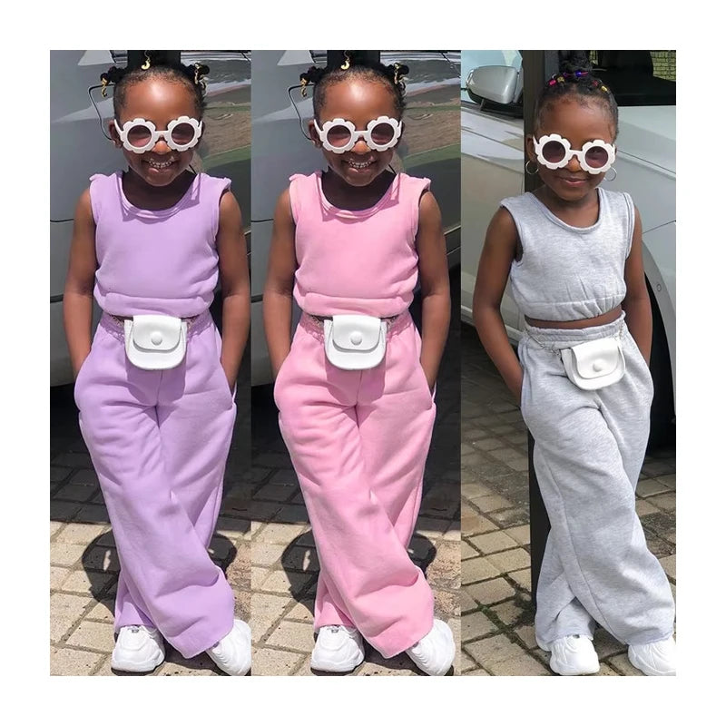 Wholesale 1-10Y Casual Kids Tracksuit 2pcs Sets Girls' Sleeveless Solid Top and Pants in Worested Fabric New Model