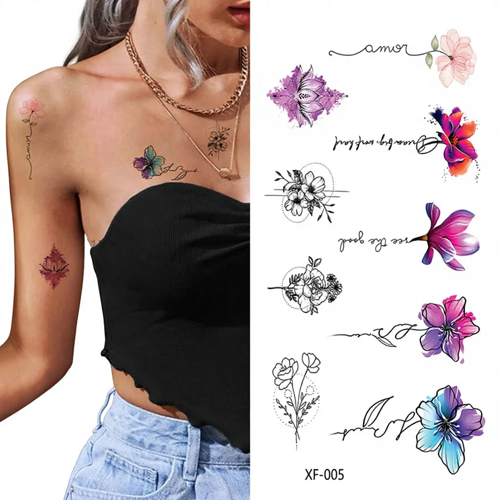 Waterproof Flower Temporary Tattoos for Women Neck Arm-Black Tiny Branch Rose/Sunflower Wild Plants Customizable Tattoo Stickers