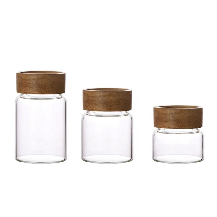 New Products Borosilicate Glass Storage Cosmetic Jars With Bamboo Lids Set