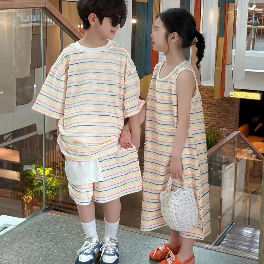 2025 Summer Boys and Girls Clothes Korean Version Striped Short-sleeved Shorts Sleeveless Colored Vest Skirts Two-Piece Set