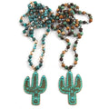 Fashion Bohemian Green Jewelry Accessory 6mm Natural Stones Crystal Glass Knotted Necklace Metal Cactus  Pendant Necklace