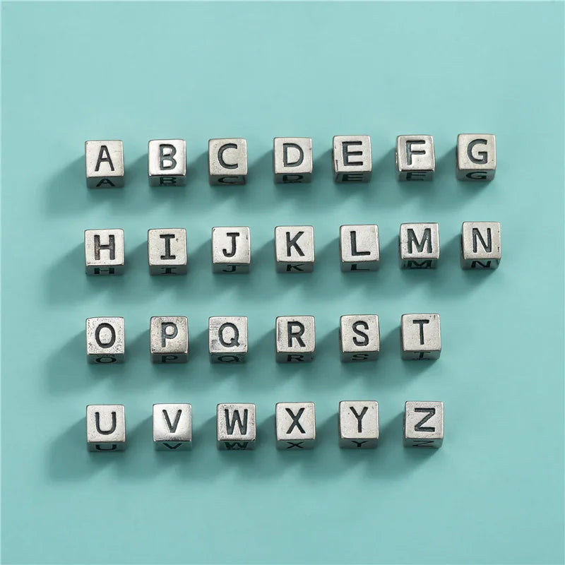 4.9mm Oxidized 26 Alphabet Cube Beads 925 Sterling Silver A-Z Initial Letter Square Bead for DIY Name Jewelry Making