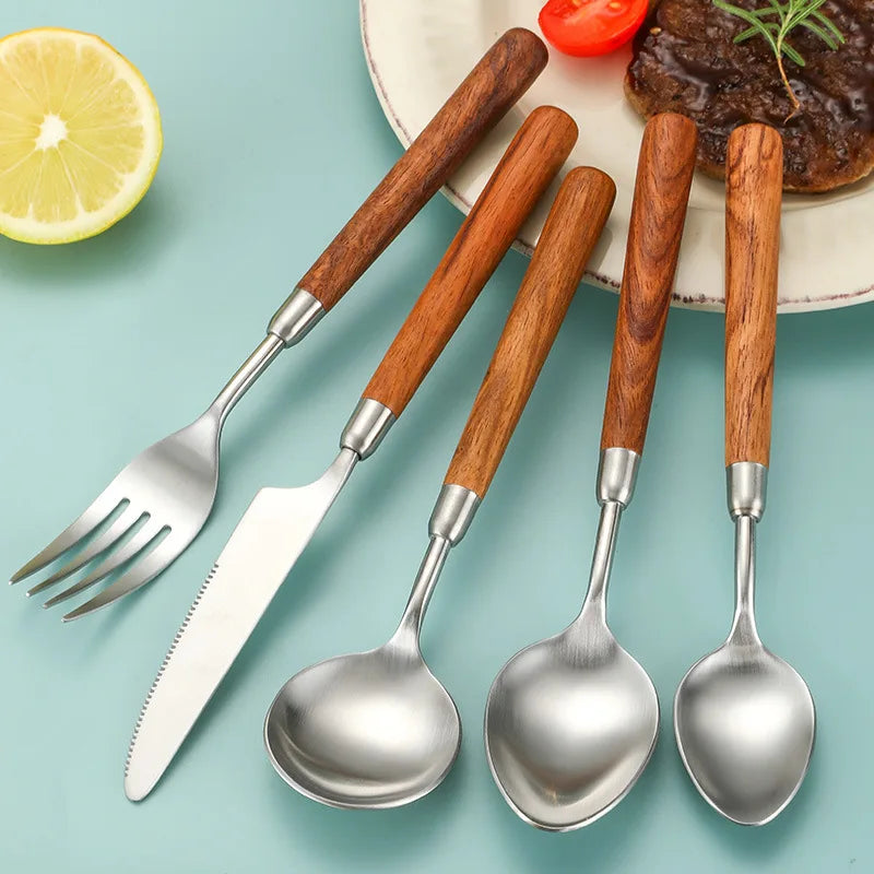 Retro Pear Wood Handle Matte 304 Stainless Steel Flatware Set Knife Fork Spoon Silverware Restaurant Cutlery Set With Box