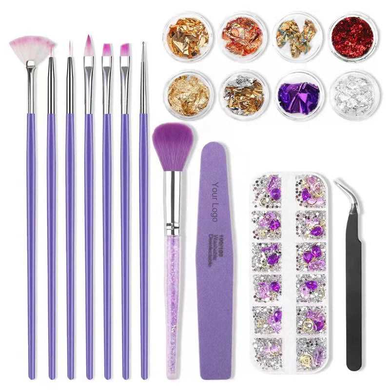 New Private Label Purple Foil Paper Dotting Pen Nail Art Painting Decoration Diamonds 7 Pcs Nail Brush Kits