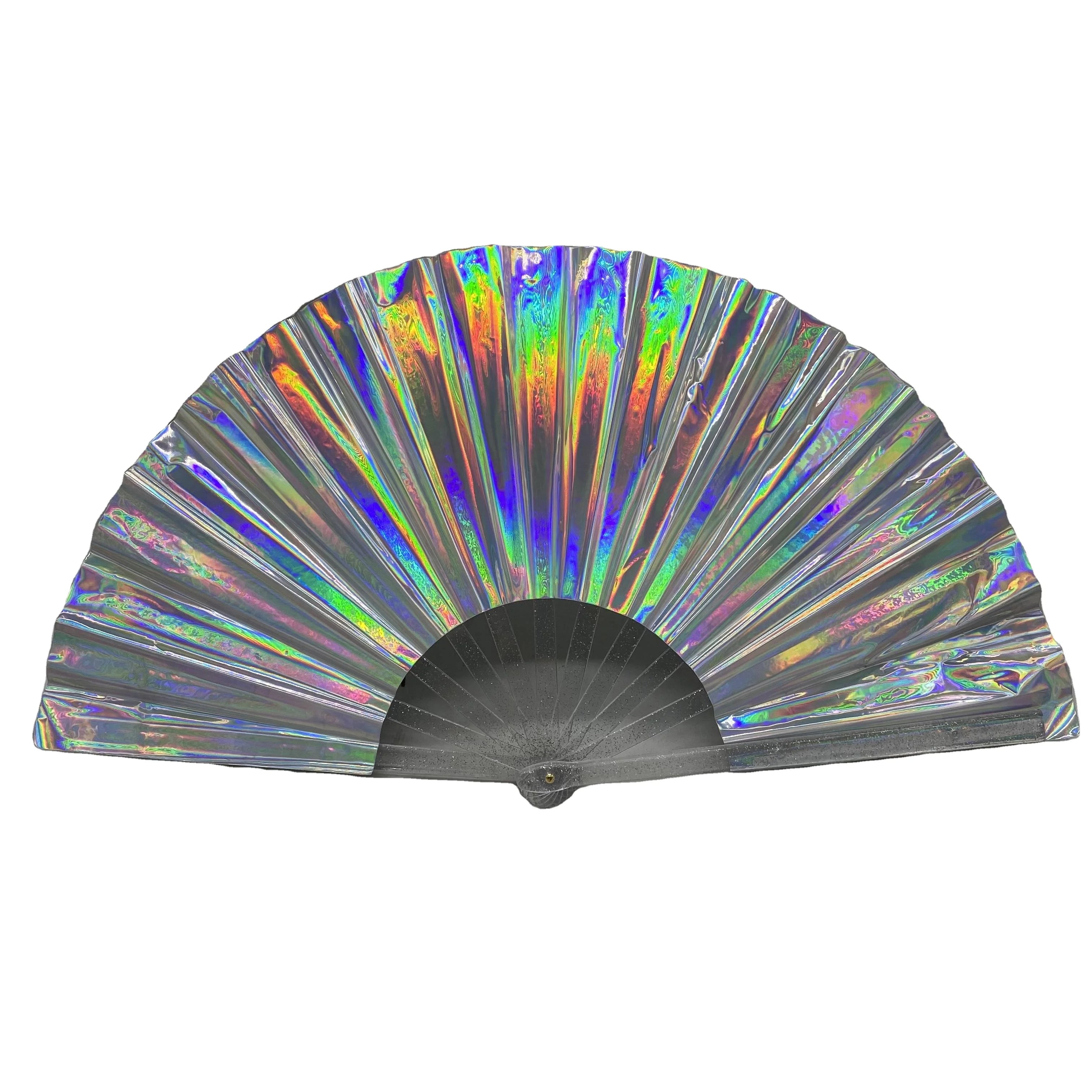 33cm Iridescent Reflective Bamboo Neon Handcrafted Large Hand Fan for Rave Party Home Decoration & Business Gift