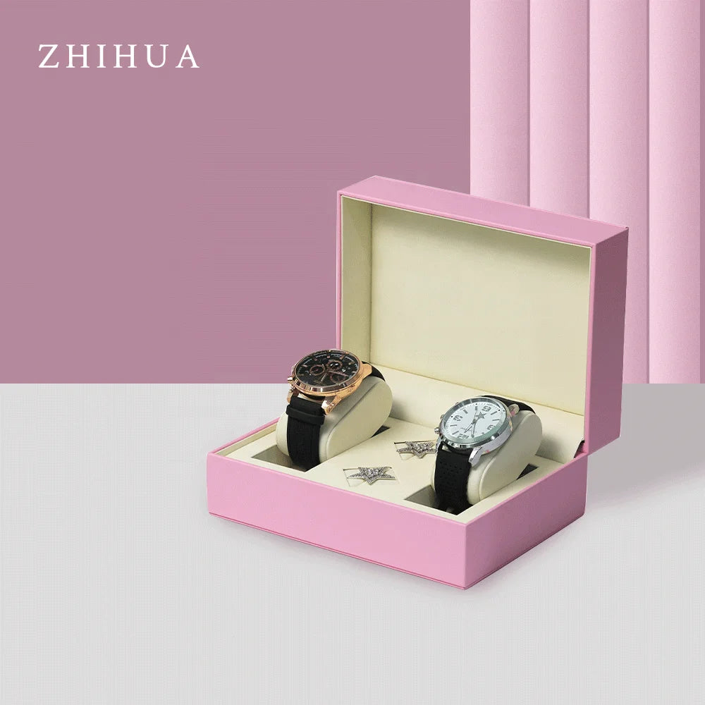 High End PU Leather Watch Box Luxury Square Couple Watch Case Elegant Custom Logo Jewelry Gift Packaging