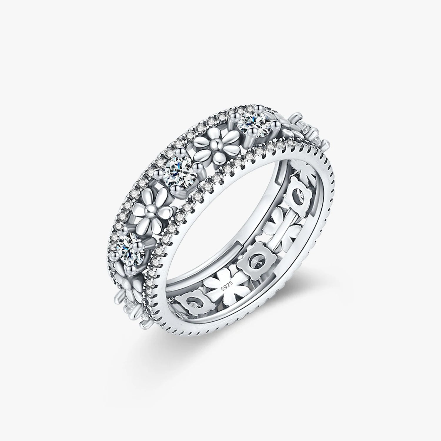 Sparkling Clear Cubic Zirconia Fine Jewelry Accessories Solid 925 Sterling Silver Vintage Daisy Flower Finger Rings for Women