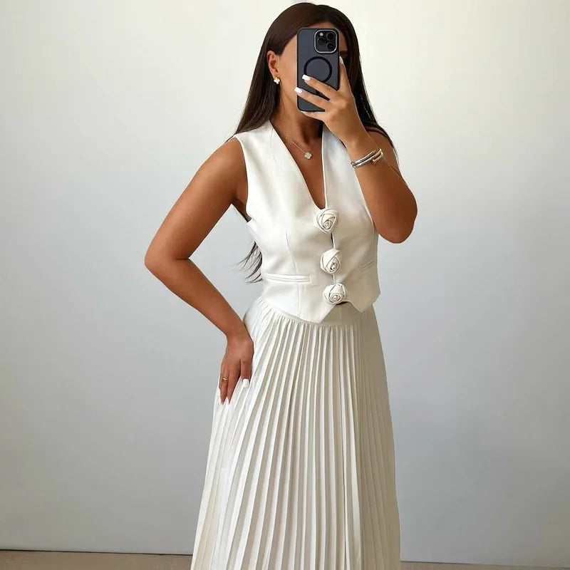 Boutique Wholesale 2026 Summer New Fashionable Sleeveless Vest Flower Half Body Pleated Women's Set