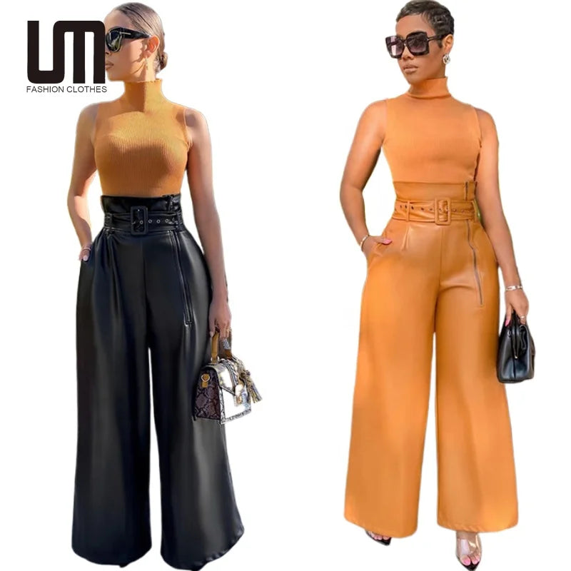 Liu Ming Best Selling Products 2024 Casual High Waist Faux Leather PU Long Wide Leg Pants Trousers for Women