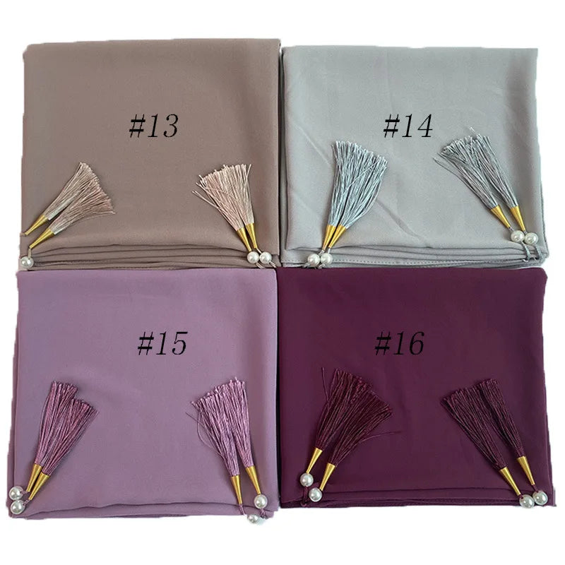 New Elegant Plain Bubble Chiffon Muslim Hijab With Tassel Islamic Head Scarf Wraps