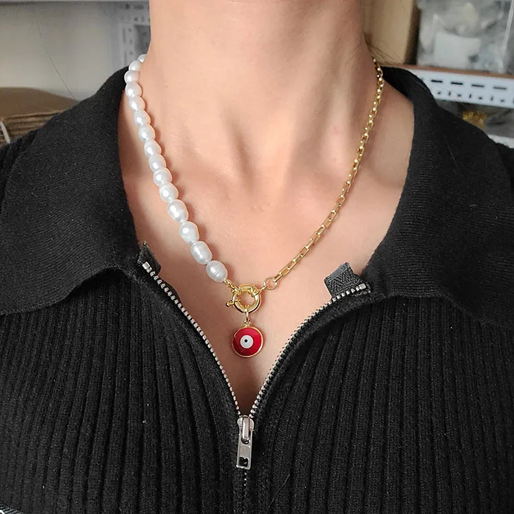 NP1030 Half Freshwater Pearl Half Matte Gold Link Chain Spring Sailors Spring Clasp Necklace with Evil Eyes Charms