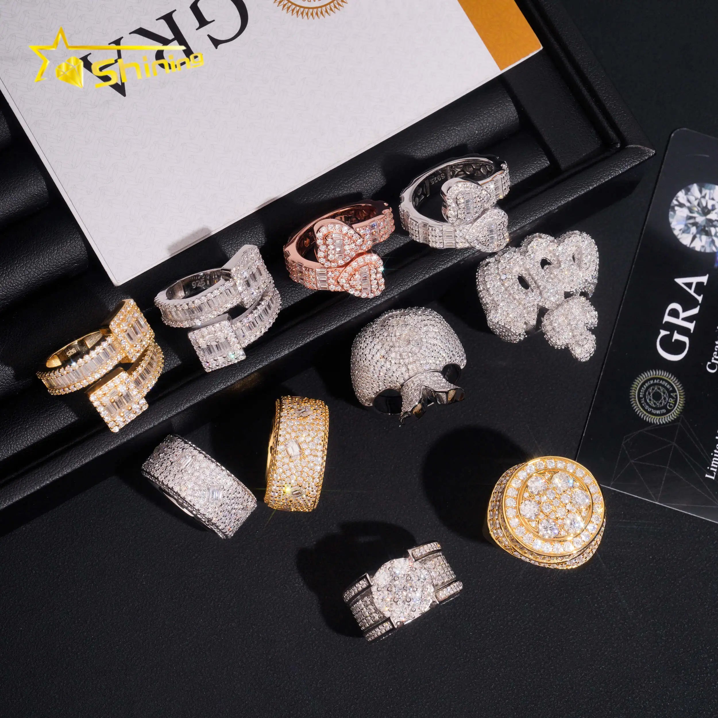 Luxury Hiphop Ring 925 Sterling Silver  Gold Plated Iced Out VVS Moissanite Pass Diamond Tester Ring Men