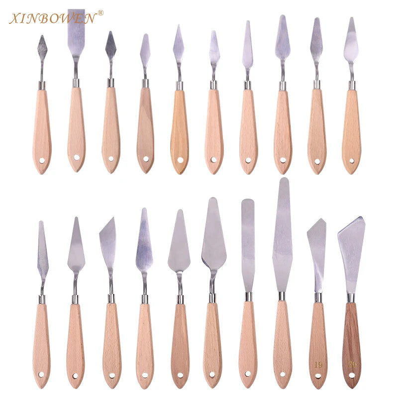 Xinbowen Natural Wood Handle Stainless Steel Spatula Palette Knives for Oil Painting Acrylic Mixing Special Effects