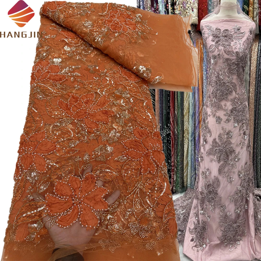 Luxury African 3D Flower Sequin Tulle Fabric Orange Beaded French Embroidery Lace Bridal Beaded Lace Fabric for Wedding Dress