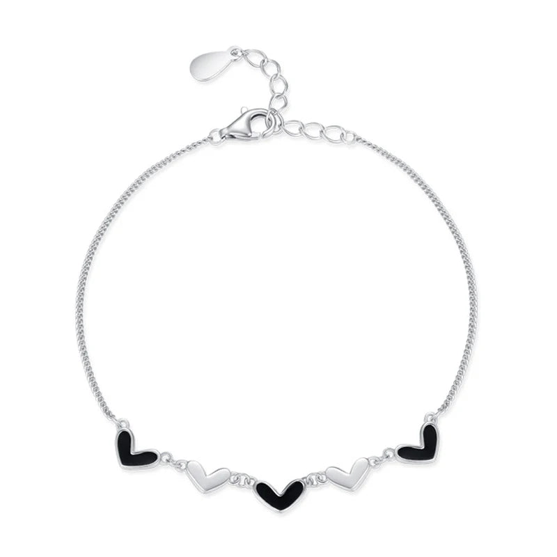 SL1681 925 Sterling Silver Fashion Black Enamel Hearts Adjustable Bracelets for Women Girl Cute Accessories Valentine's Day Gift