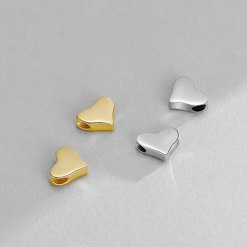 7mm 925 Solid Sterling Silver Flat Heart Shaped Charm Beads for Handmade Jewelry Making Finding