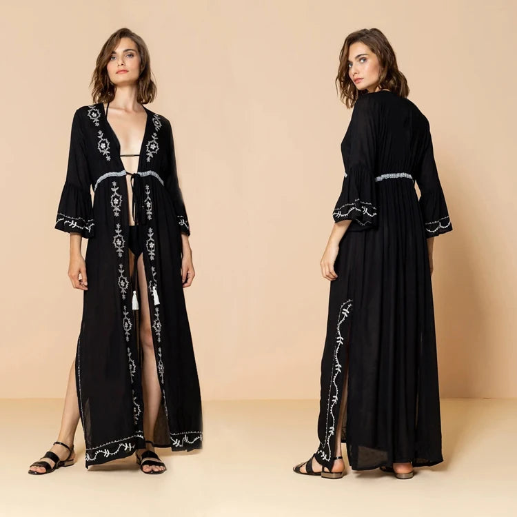 2023 Hot Sale Embroidered Belted Beach Blouse Vacation Sun Protection Shirt