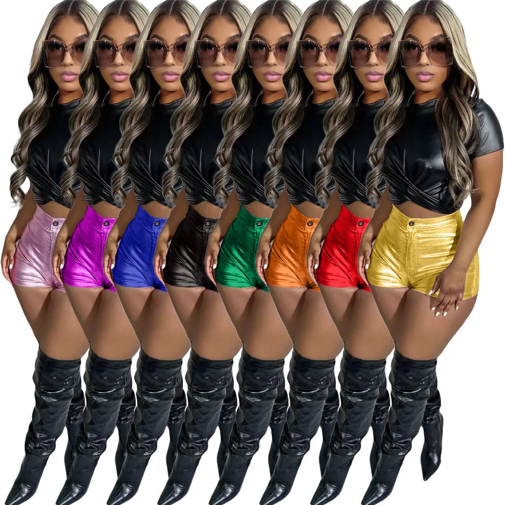 PU Leather Colorful Shorts for Women Summer Trendy Tight Button Zipper Bottoms