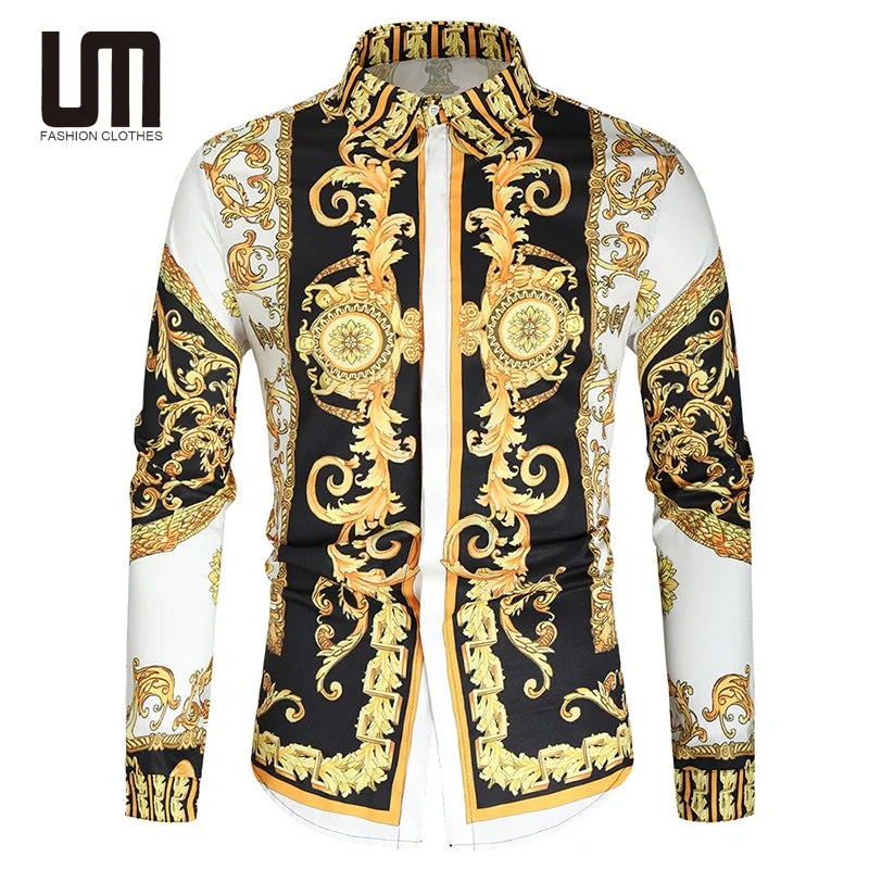 OEM Wholesale Luxury Vintage Men Casual Turn Down Collar Buttoned 3D Print Long Sleeve Tops Shirts
