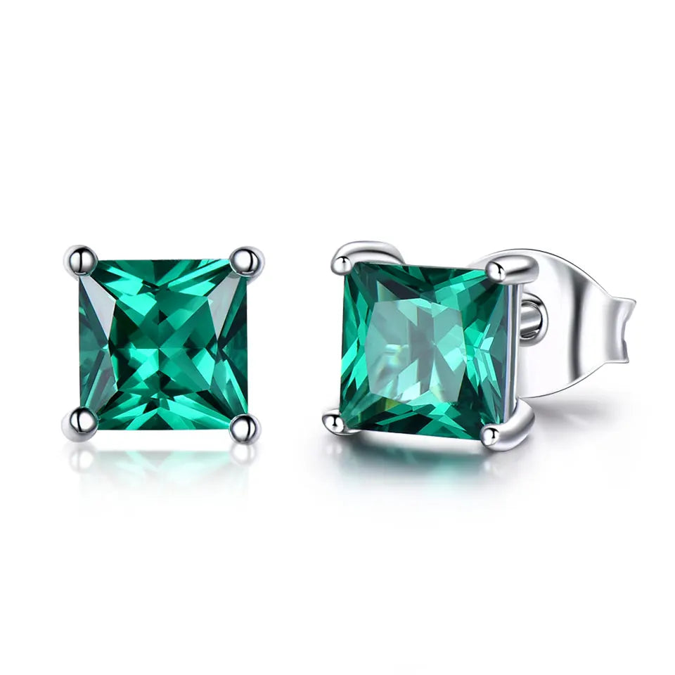 UMCHO Solid Real 925 Sterling Silver Jewelry Created Emerald Square Stud Earrings for Women Elegant Birthday Gifts Fine Jewelry