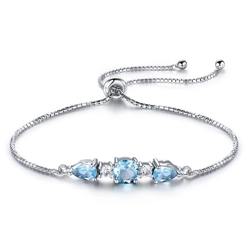 Solid 925 Sterling Silver Bracelets & Bangles for Women Natural Sky Blue Topaz Adjustable Tennis Bracelet Fine Jewelry