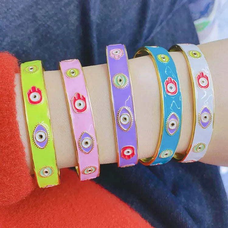 BA1043 Trendy Jewelry 18K Gold Plated Enamel Multi Colored Evil Eyes Hamsa Hand Cuff Bangle for Women Ladies