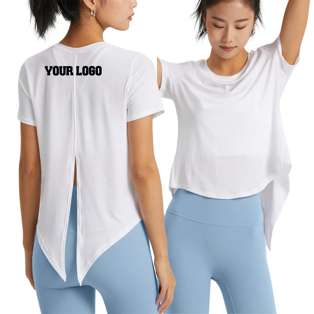 2023 Casual Sports Top Women Clothes Back Slit Yoga Workout Quick Dry Curved Hem Split Tee for Woman