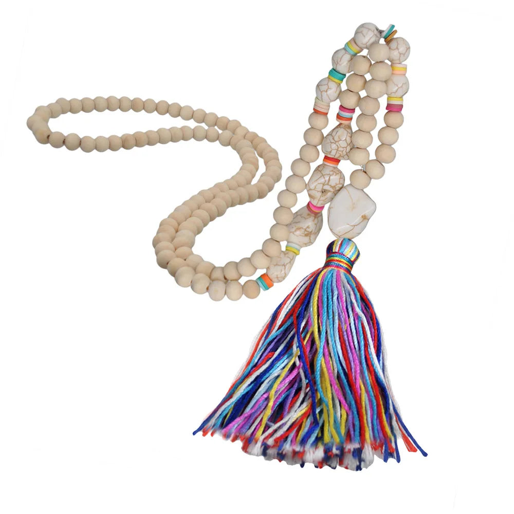 Manufacturers Custom Bohemian Retro Shell Beads Necklace Charm Ethnic Boho Wooden Beads Colorful Tassel Long Necklace Jewelry