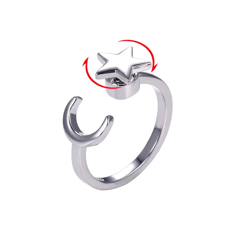 Women Girls Moon Star Rotatable Anxiety Spinning Ring Spinner Adjustable Fidget Rings for Anxiety