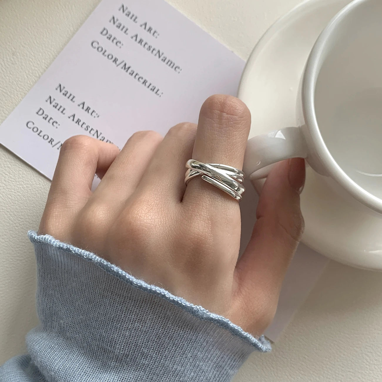 Vianrla  S925 Sterling Silver Line Interwoven Ring Female Minimalist Versatile Personality Fashionable  Open Hand Jewelry