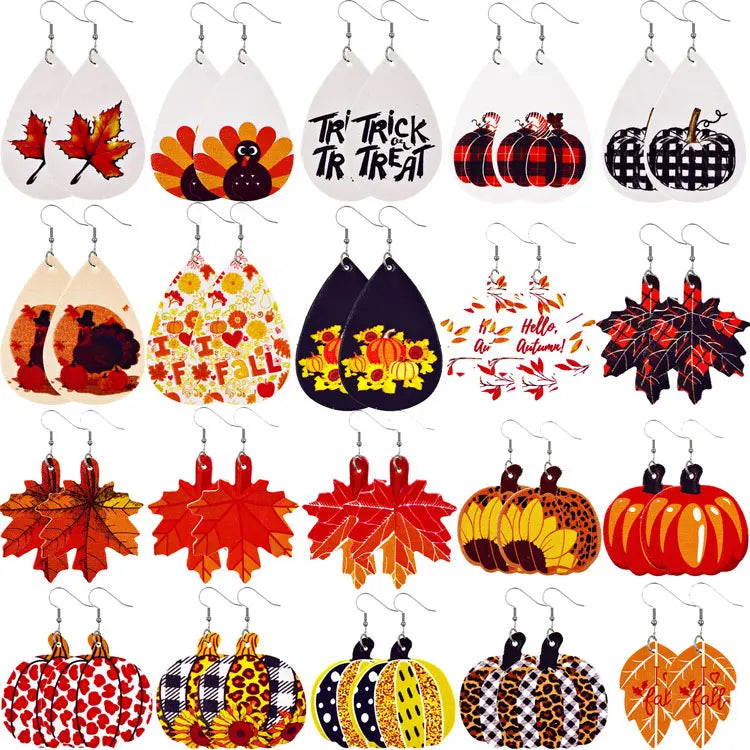 SC Lightweight Teardrop Dangle Earrings Fashion Pumpkin Earrings Thanksgiving Day Maple Leaf Pendant Faux Leather Earrings Women