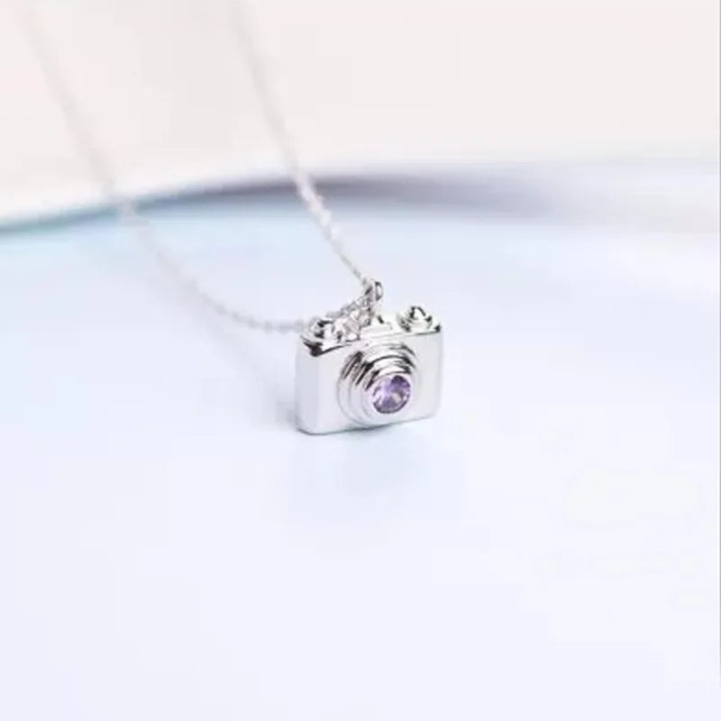 New Fashion Jewelry 925 Sterling Silver Camera Pendant Necklace Geometric Cubic Zirconia Hollow Ring Pendant Necklace for Women