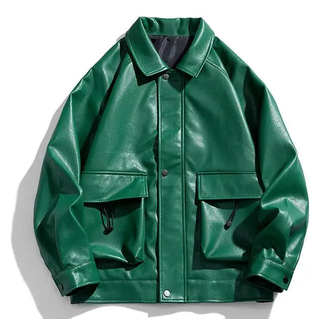 Spring Autumn Men's Casual Zipper Leather Jacket Lapel Collar Long Sleeve Fashion Jacket Motorcycle Jacket