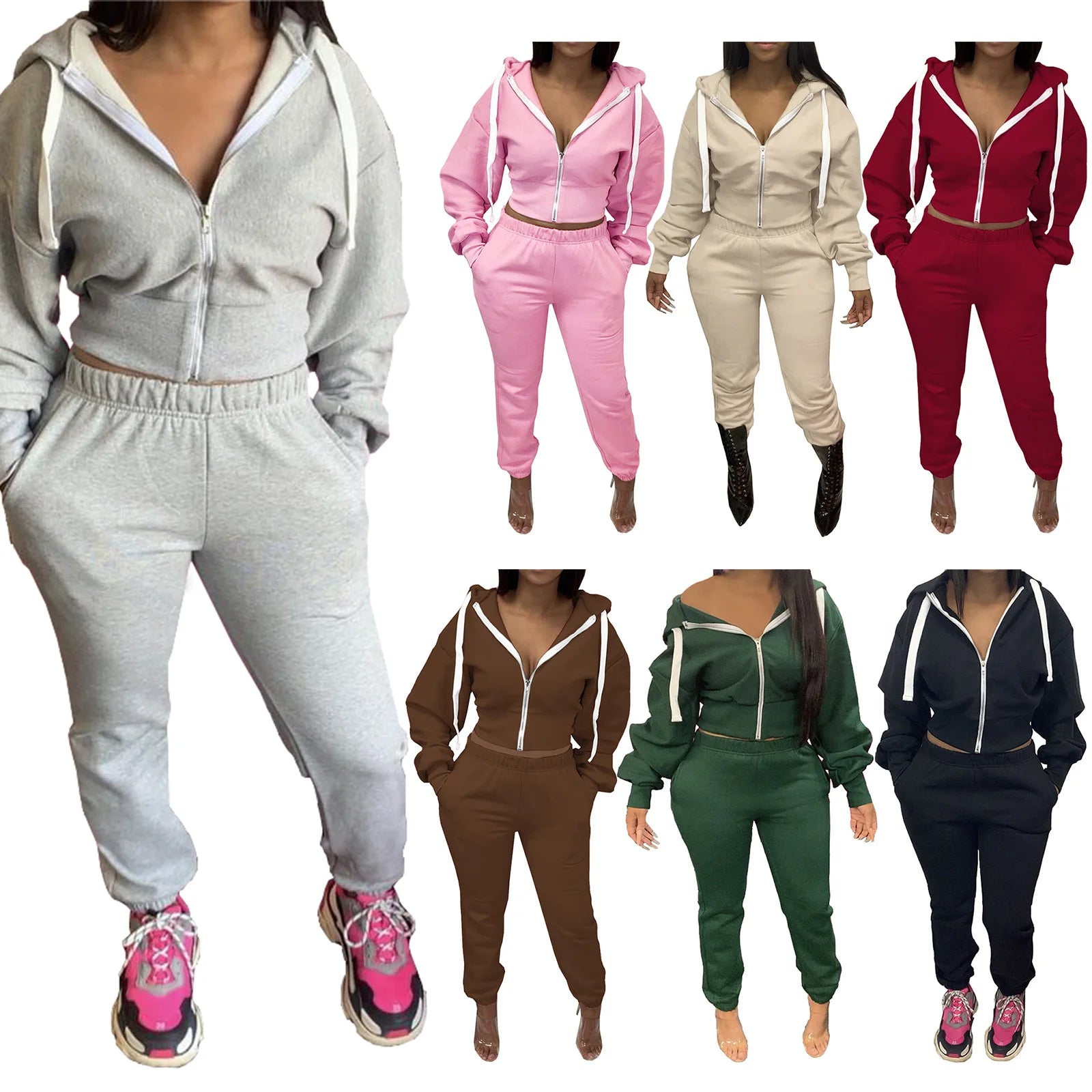 Women's Casual Hooded Sweatsuit Solid Color Autumn Tracksuit Two-Piece Set Hoodie and Jogger Set